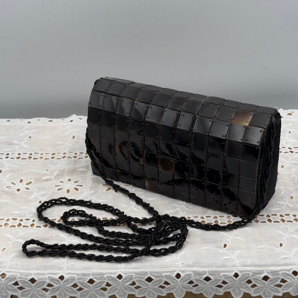 Shira Leah Horn Tile Clutch Black Brown Beaded Strap Y2K Evening Crossbody Bag
